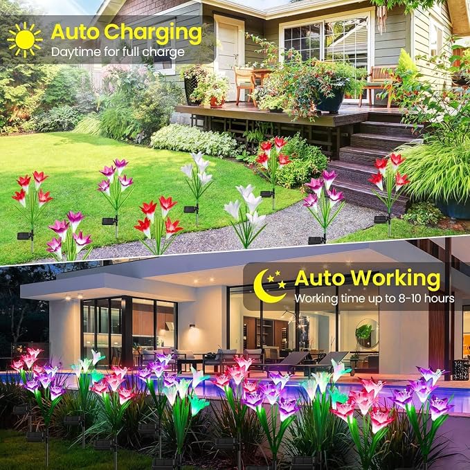 KOOPER Outdoor Solar Lights, 6 Pack Solar Garden Light with Bigger Lily Flowers, Waterproof 7 Color Changing Solar Lights Outdoor - Bigger Panel for Patio Yard Garden Decoration, Gift for Mom
