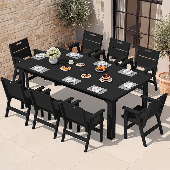 SERWALL HDPE Outdoor Dining Set for 8, 9 Pieces All-Weather Patio Furniture Set with Rectangular Dining Table and 8 Chairs, Water & Fade Resistant Outdoor Dining Set for Backyard, Deck, Balcony, Black