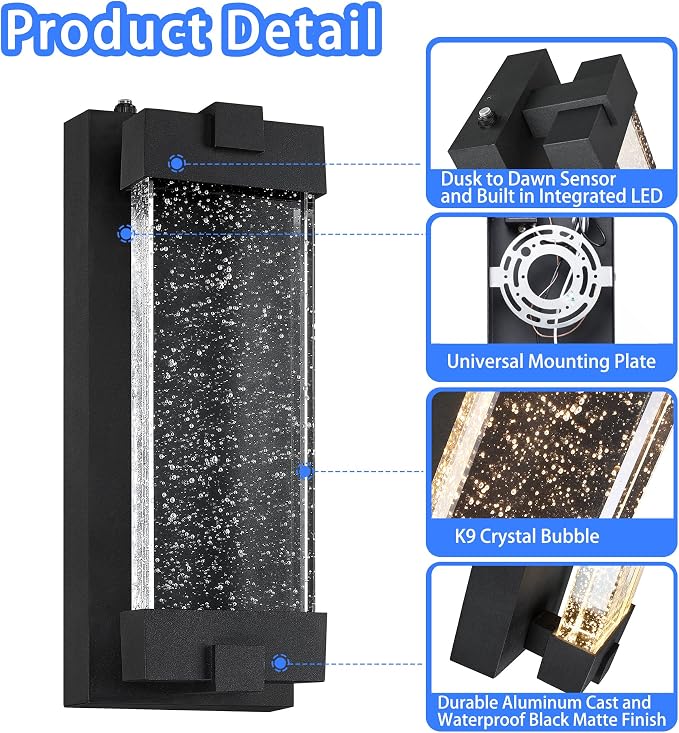 Black Wall Sconce with K9 Crystal Bubble and Dusk to Dawn Sensor, Exterior LED Wall Mounted Light, Modern Porch Lantern, Light Fixture for Indoor and Outdoor