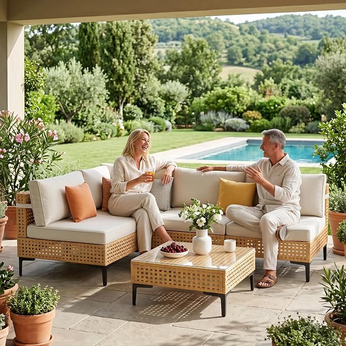 ABCASA Patio Sectional Furniture Set, 5-Piece Wicker Outdoor Patio Furniture Sets with Anti-Slip Cushions & Coffee Table,Boho Patio Conversation Set Sectional Sofa for Backyard,Porch,Garden,Beige