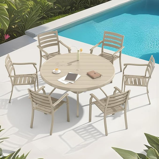 LUMISOL 7-Piece Outdoor Patio Dining Set, 4 Stackable Metal Dining Chairs and 40.6" Round Metal Dining Table, Outdoor Table and Chairs for Lawn Garden Backyard, Sandstone