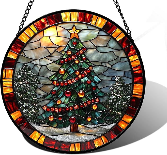 DASTOLL Stained Glass Window Hanging - Winter Christmas Tree Suncatcher Ready to Hang Window Doors Home Decoration, Christmas, Mother's Day Birthday Gifts for Women, Men, and Mom 11.8x11.8 in