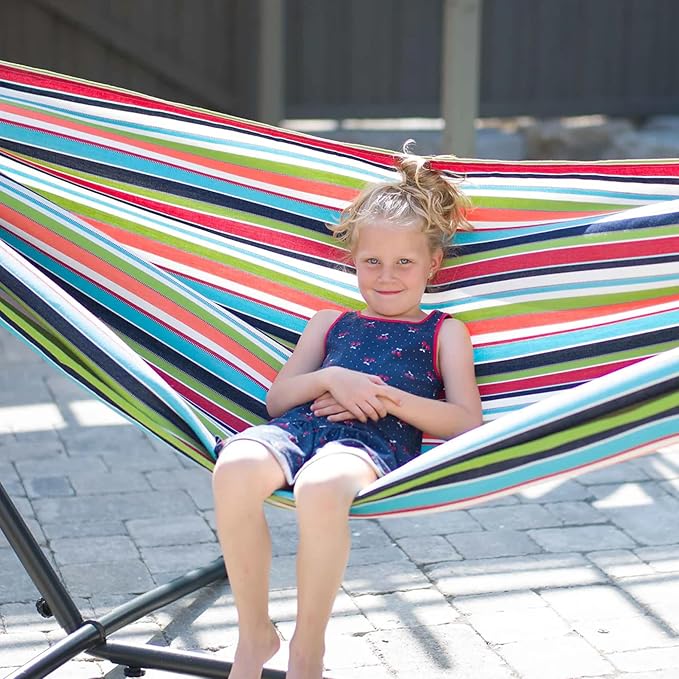 Vivere Double Hammock and Stand Combo – Durable, Comfortable, 450 lb Capacity, Heavy Duty Steel Stand, Tool-Free Assembly, Includes Carry Bag (Carousel Confetti)