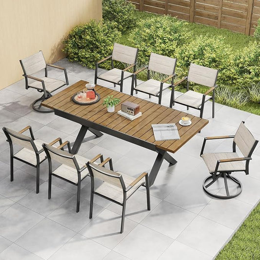 Teak Extendable Patio Dining Set for 8, Aluminum Outdoor Dining Set with 2 Swivel Chairs, Expandable Dining Table and 6 Stackable Double-Layer Textilene Chairs, Patio Table and Chairs Set