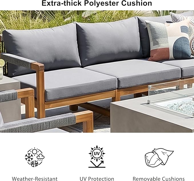 GDFStudio 3 Piece Patio Furniture Set, Acacia Wood Outdoor Sofa Set with Cushions, Rope Woven Conversation Set, 3 Seat Couch & 2 Chairs for Backyard Patio Deck Porch Garden Poolside, Grey
