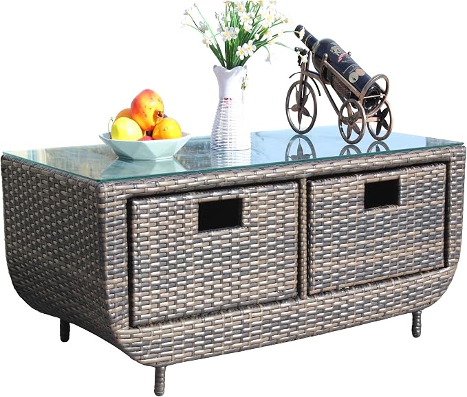 Outdoor PE Rattan Coffee Table, 43.7" Large Rectangular Patio Wicker Coffee Table with Tempered Glass Top, Low Profile Outdoor Side Table for Backyard Deck Balcony Garden Lawn, 150 lbs Capacity