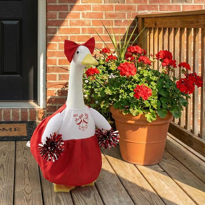 Cheerleader Porch Goose Outfits, Red Goose Outfit with Pom Poms & Bow for 23 Inch Goose Statue, Festive Goose Costume for Garden Porch Yard Lawn Patio Decor