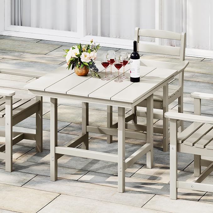Costaelm Outdoor Patio Table, Outdoor Dining Table for 4, Weather Resistant Square Patio Table with Umbrella Hole for Garden, Poolside, Porch, Sand