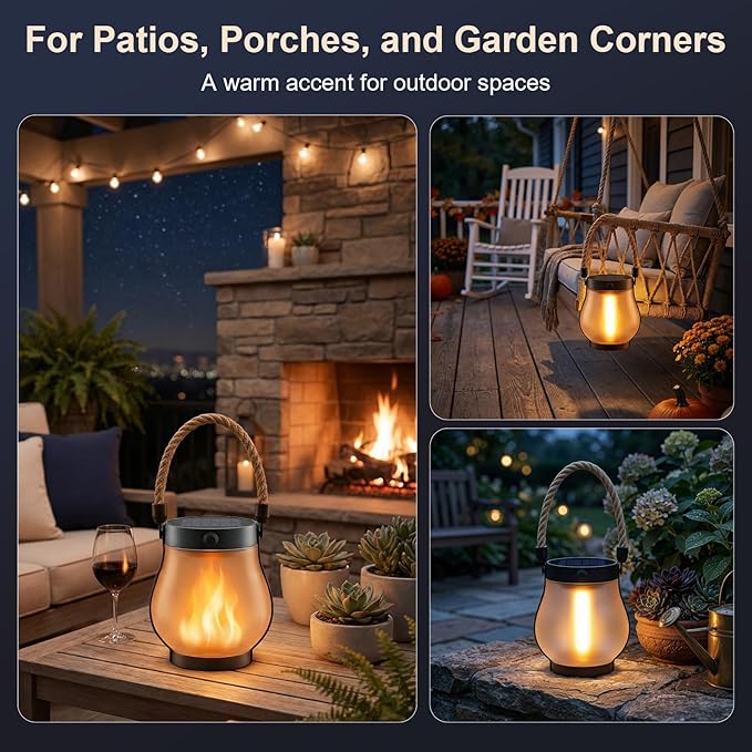 Solar Lanterns Outdoor Waterproof 2-Pack, Flickering Flame Effect | Rechargeable lanterns with USB-C charging, a decorative hanging design, and dusk-to-dawn use for patios, porches and gardens