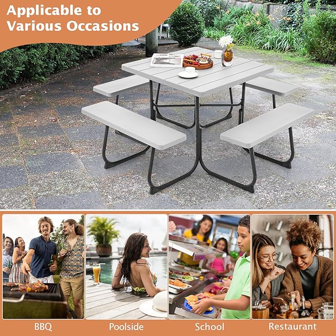 Giantex Picnic Table Bench Set for 8 Persons, Square Outdoor Table with Umbrella Hole, HDPE Top & Metal Frame, 2000LBS Capacity, Patio Table Bench Set for Deck Backyard Garden, Gray