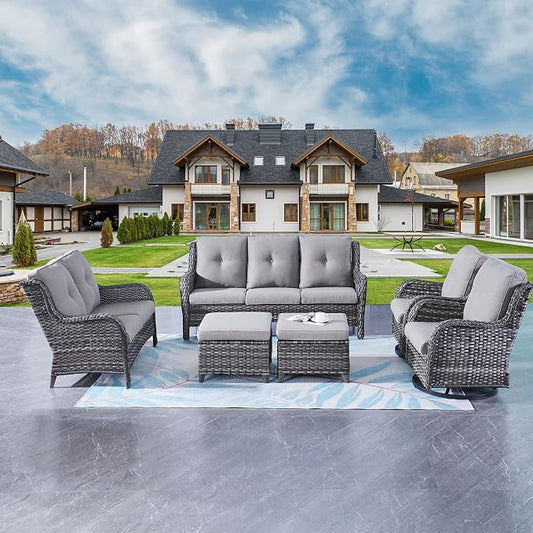 Rilyson Wicker Patio Furniture Set - 6 Piece Rattan Outdoor Sectional Conversation Sets with 2 Rocking Swivel Chairs,2 Ottomans,1 Sofa and 1 Loveseat for Porch Deck Garden(Mixed Grey/Grey)