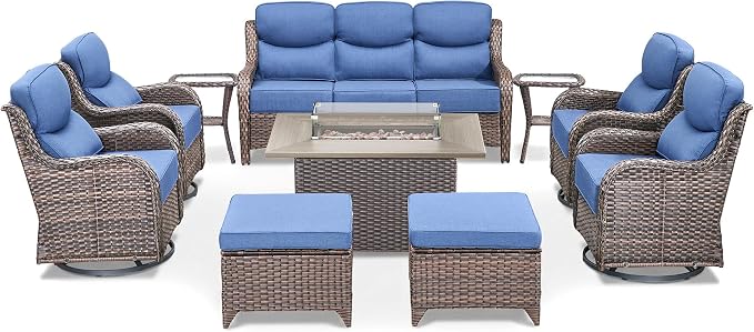 Luxury Patio Furniture Set with Fire Pit Table-10 Pieces All Weather Outdoor Swivel Rocker Chairs with Sofa and Ottomans. Outdoors Patio Conversation Sets for Porch Deck Garden Backyard(Brown/Blue)