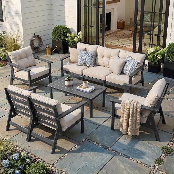 HDPE Patio Conversation Set 7 Seats, Outdoor Furniture Set, Patio Sofa Set | Water-Resistant Thick Cushion, HDPE All Weather, Wood-Grain, No Rot or Rust or Crack, UV Fade Shield, Easy-Clean for Outside