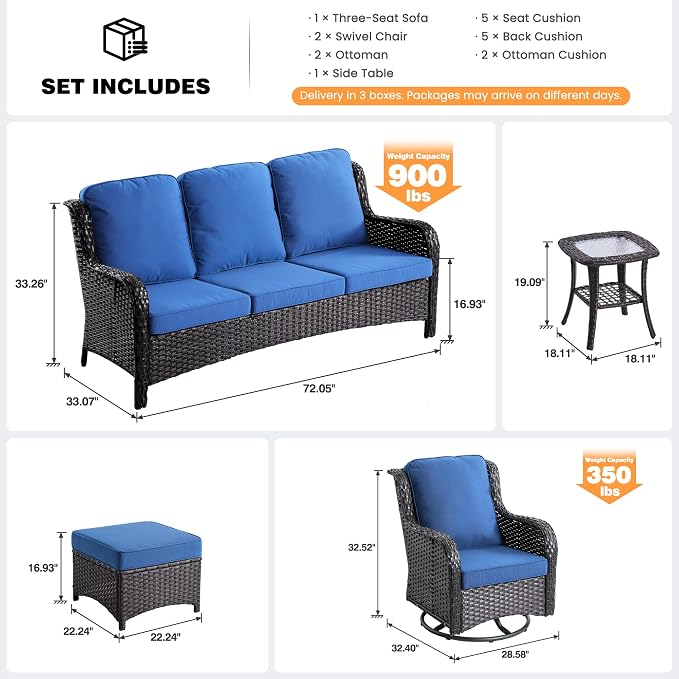 ovios 6-Piece Patio Furniture Set with Swivel Chairs Side Table, Outdoor Wicker Sofa with Comfy Cushions, High Back Couch Modern Conversation Sets, Brown/Navy Blue