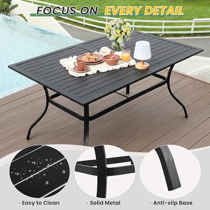 LVUYOYO Outdoor Patio Dining Table, Metal Rectangular Table with Umbrella Hole, All-Weather Furniture for Backyard, Garden,Balcony,Porch (Black)