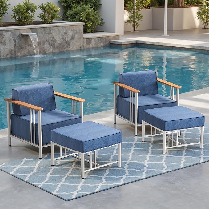 Luxury Patio Chairs with 10" Extra Thick Cushions, Outdoor Chairs with Ottomans, 4 PCS Outdoor Furniture Set for Porch, Balcony, Deck, Patio, Yard, Poolside, White/Blue