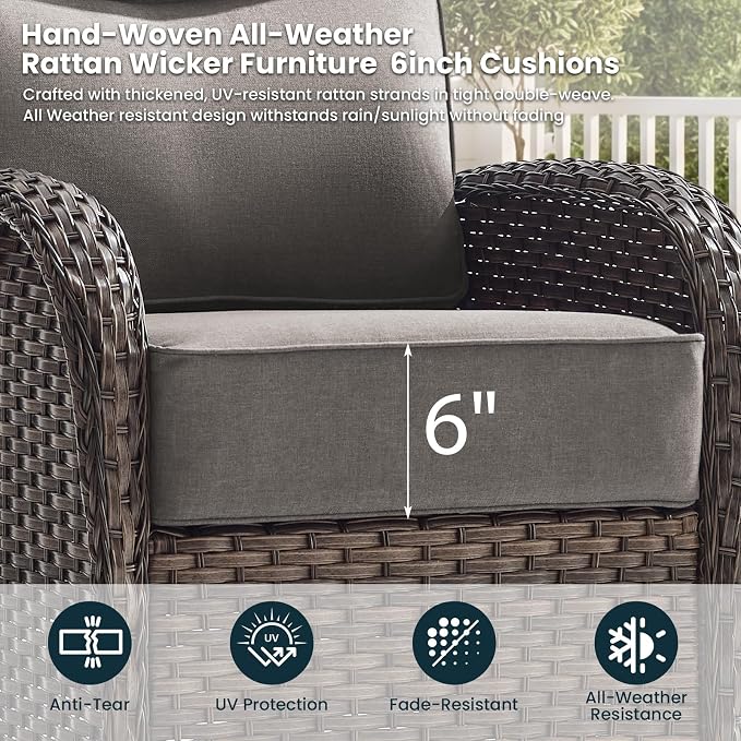 High Back Luxury Patio Furniture Set with 6-inch Thick Cushion, Swivel Rocker Patio Chairs with Outdoor Couch, 7 Piece Wicker Conversation Set for Deck Yard Garden Balcony Gray
