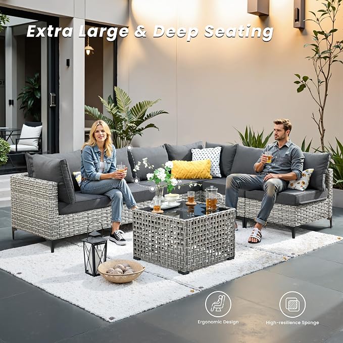 Outdoor Patio Furniture Sets,6 PCS Patio Conversation Set Outside Rattan Sectional Sofa with 42 in Fire Pit Table&Coffee Table Fit Backyard Porch Garden Poolside Balcony