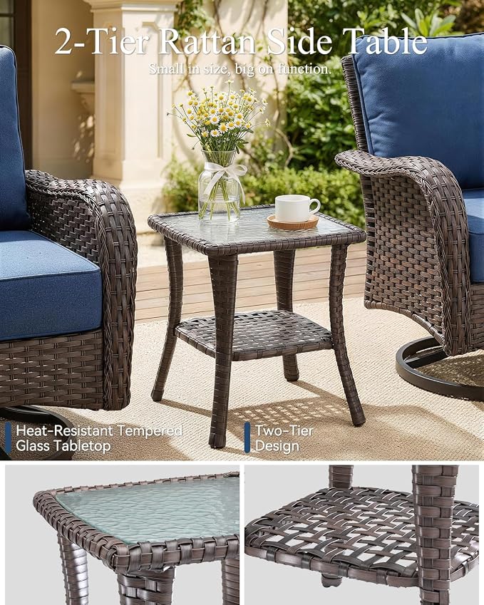 Outdoor Patio Swivel Rocker Chairs Set of 2 with Table, All-Weather Wicker Rattan Patio Furniture Set with 6-Inch Thick Cushions, Conversation Seating for Porch Backyard Deck (Navy Blue,3 PCS)