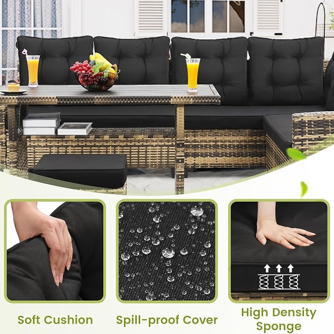 KROFEM 6 Piece Patio Furniture Set, Dining and Conversation Set, Black | UV Treated Wicker, Machine Washable Cushions, Seats 7, 2 Ottomans, 3 Sofa Section, Dining Table, Rustproof Frame