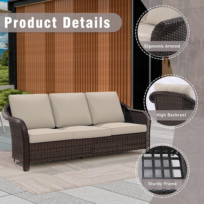 6 Piece Patio Wicker Conversation Set, All-Weather Use Outdoor Wicker Sofa with 2 PE Rattan Ottomans,2 Swivel Chair, 1 Side Table, Ideal for Porch, Backyard, Balcony, Poolside, Beige