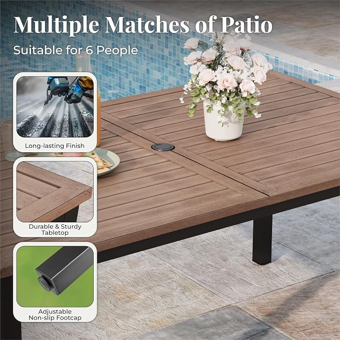 MIXPATIO 7 Pieces Patio Table and Chairs Set, Patio Dining Set for 6, 6 Textilene Chairs and 1 Wood-Like Rectangle Steel Table with Umbrella Hole, for Deck Backyard Lawn Poolside, Brown