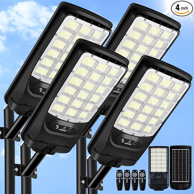 Solar Street Lights Outdoor Waterproof, 21000LM 6500K LED Motion Sensor Lights, Dusk to Dawn Solar Flood Lights with Remote, Solar-Powered Parking Lot Light, Commercial Area Lighting for Outside 4Pack