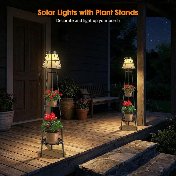 2 Pack Solar Floor Lamps Outdoor with 2-Tier Plant Stand, Metal Tall Planter Holder with Waterproof LED Lantern, Decorative Patio Light & Flower Pot Display Rack for Garden, Deck, Porch, Balcony