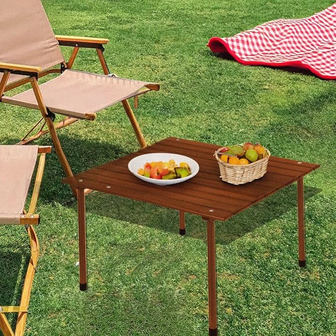 Formosa Covers Portable Wood Roll Up Table for Picnics, 2025 Update Stronger Staple Camping, Low Beach Table, Travel, Tailgate, Outdoor Events Carrying Bag Size 26" Lx26Wx16 H (Dark Teak Finish)