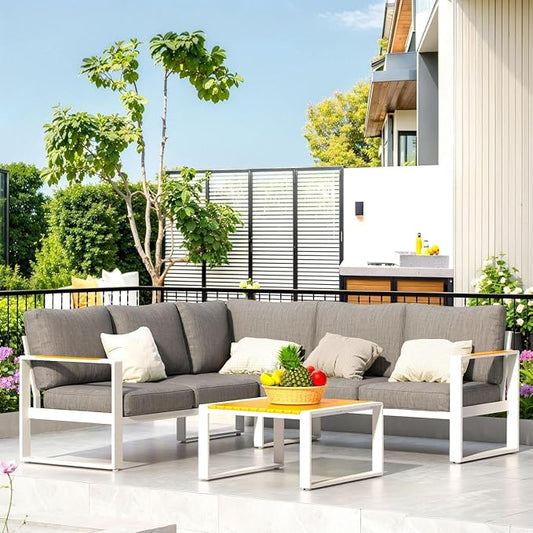 Patio Furniture Set, Aluminum Outdoor Couch L Shaped Patio Sofa Set, All-Weather Modern Patio Couch Sofa and Teak Desktop Aluminum Table for Patio, Porch, Backyard (White Frame/Dark Grey Cushion)