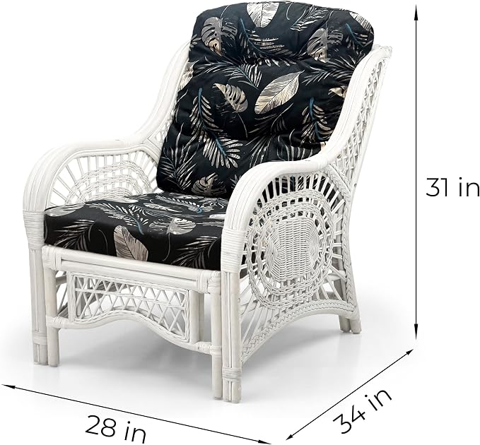 Malibu Lounge Set of 4: 2 Natural Rattan Wicker Chairs, Three-Seater Sofa and Coffee Table with Glass Handmade, White Color with Black Leaf Cushions