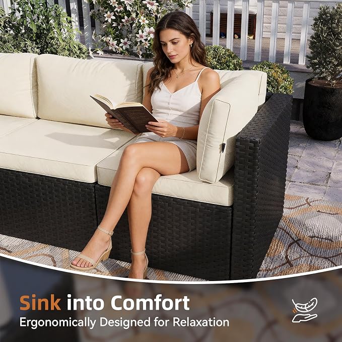 Aoxun Patio Furniture Set 5-Piece, Outdoor Sectional Sofas with Washable Cushion, Wicker Rattan Patio Conversation Sets for Backyard Porch and Poolside