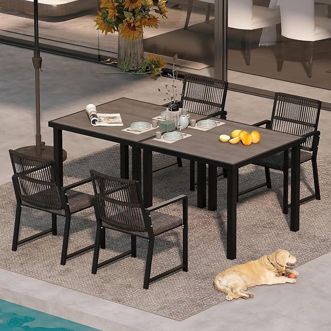 6 Pieces Outdoor Dinning Set Featuring 2 Aluminum Tables and 4 Iron Alloy Ratten Chairs Waterproof and Rust-Proof Courtyard Style Table Garden Balcony Poolside, Black 6 Pcs