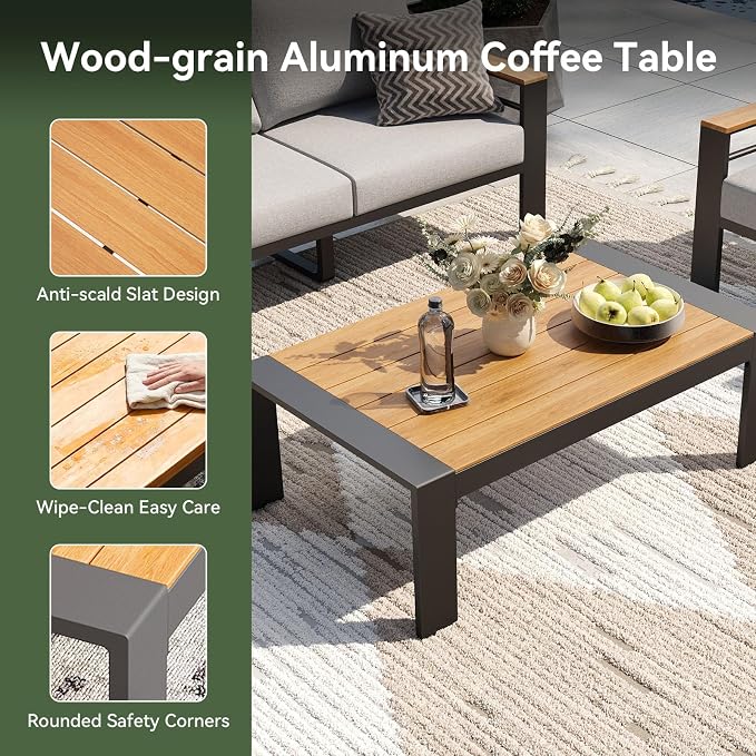 Aoxun Aluminum Outdoor Patio Furniture Set, 5 Seats Outdoor Sectional with Coffee Table, Patio Conversation Sets with Upgraded Armrests and Cushions for Backyard, Garden and Poolside（Grey）