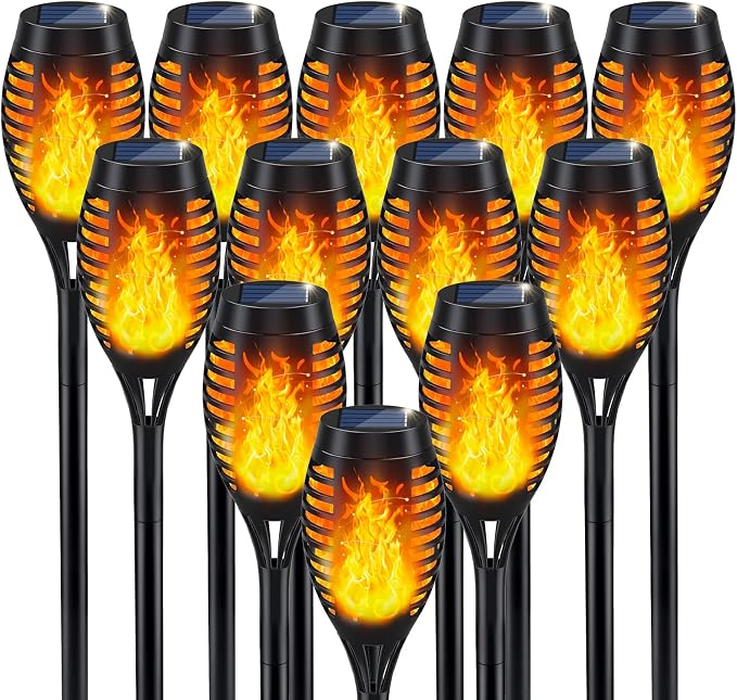 12Pack Solar Torch Light with Flickering Flame for Halloween Decorations | Solar Lights Outdoor for Halloween Decor, Waterproof Solar Garden Lights, Flame Torches for Outside Garden Patio Pathway Yard