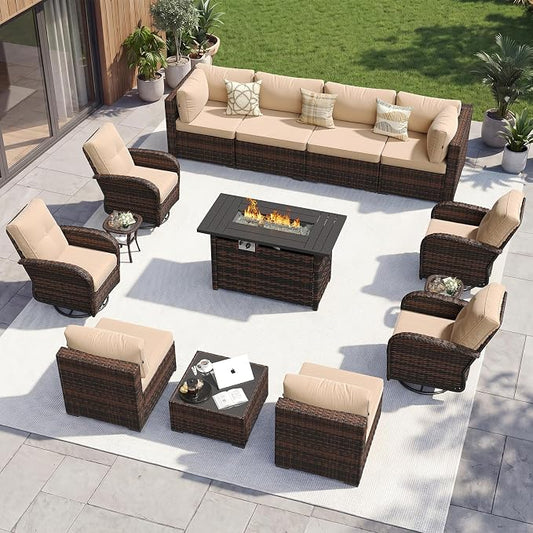 Aoxun 14 Piece Outdoor Patio Furniture Set with 44'' Fire Pit Table, Wicker Rattan Outdoor Furniture with High Back Swivel Rocker Chairs, Outdoor Conversation Set with Thick Cushion, Beige