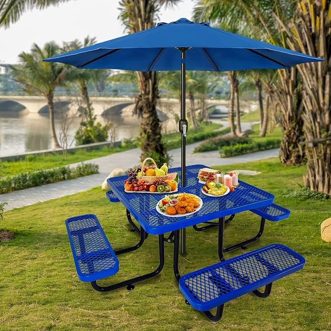 Heavy Duty Picnic Table for Outdoors 3200 lbs Load All Metal Camping Table with Umbrella Hole up to 1.5", Commercial Picnic Table with Benches for School, Coffee Shop, Blue