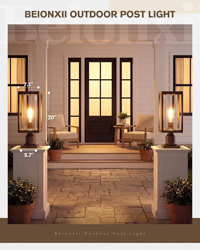 Beionxii Outdoor Post Lights, 20In Post Lantern with Pier Mount Base,Bronze | Aluminum Exterior Lamp Post Light Fixture with Glass, Waterproof Fence Post Deck Lighting for Garden, Patio, BXA291-P-1PK-ORB