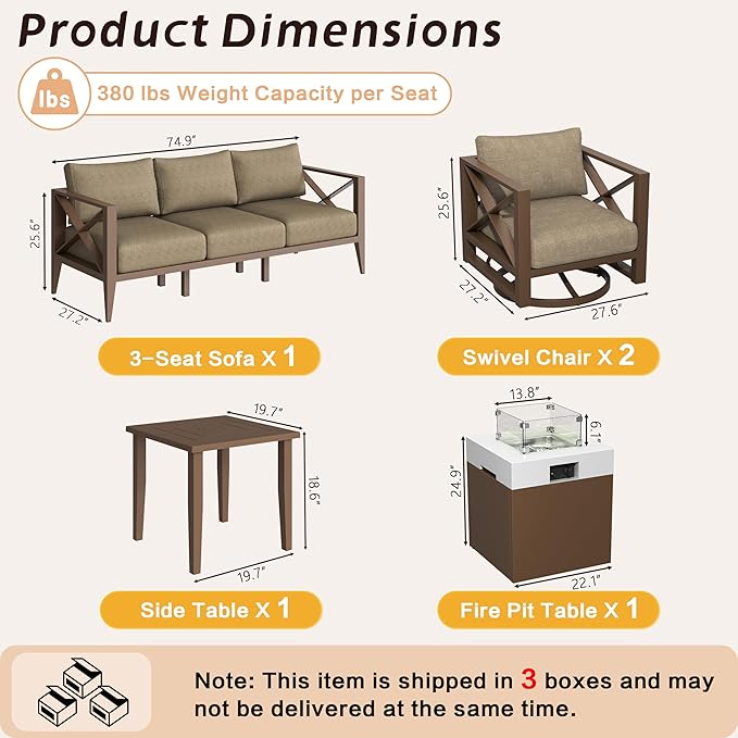 Aluminum Patio Furniture Set with Fire Pit Table, 7-Piece All-Weather Outdoor Conversation Set with Swivel Rocking Chairs, Oversized Modern Sofa for Backyard, Deck, Balcony-Brown