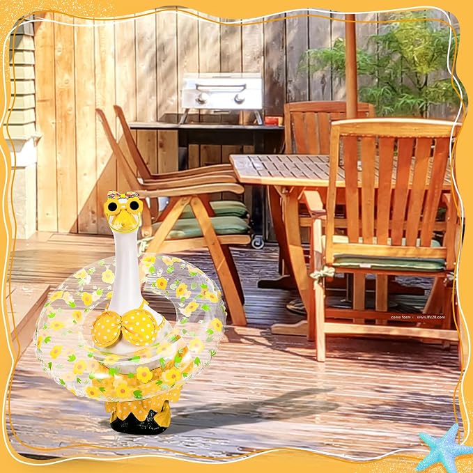 23 Inch Summer Porch Goose Outfit for Cement Goose Statue, Yellow | Summer Hawaiian Style, Bow, Sunglasses, Hat & Swim Ring, Fits 23 Inch Cement Goose, for Garden Patio Yard Outdoor Decor