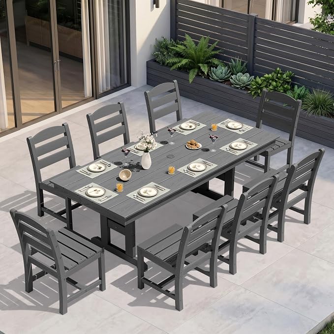 KINGYES 8-Seat Outdoor Patio Dining Set,84 inch HDPE Rectangular Table and Chairs Set，Waterproof Furniture Set with Umbrella Hole for Backyard,Grey