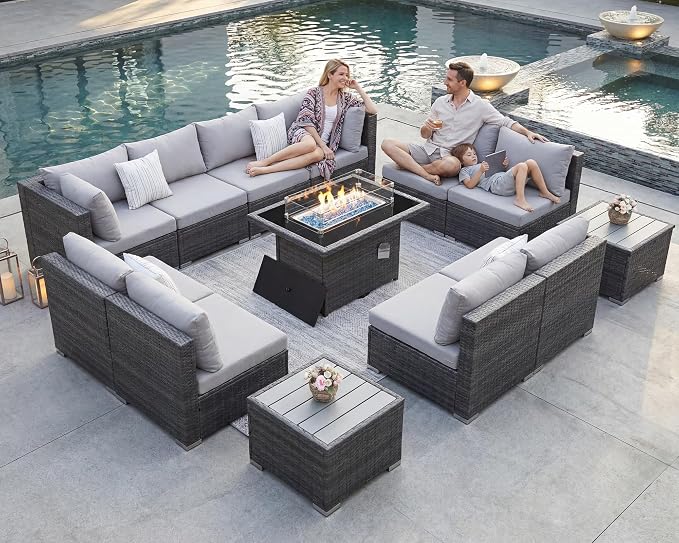 NICESOUL 13 Piece Outdoor Sectional Furniture with Firepit, Contemporary Back Yard Fireplace w/Seating Area, Plus Size 29.3'' High Back Patio Set, All-Weather Wicker Couch for Exterior, Light Gray