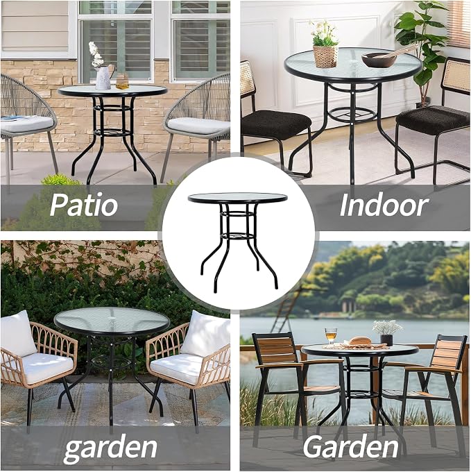 Premium Square Patio Table with 2 In Umbrella Hole,32 In Tempered Glass Top,Outdoor Coffee Table for Patio,Balcony, Backyard,Poolside,and Sunroom - Small Patio Table with Umbrella Hole (Round)
