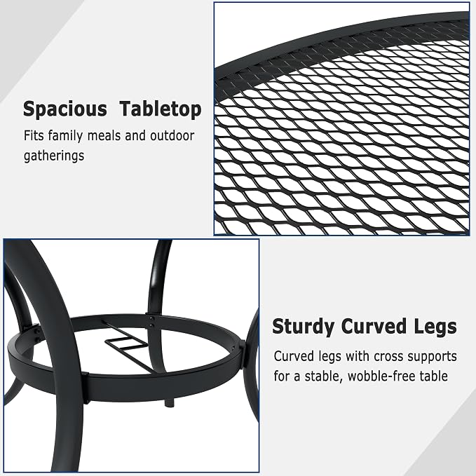 47" Round Patio Table with Umbrella Hole, Metal Outdoor Dining Table for Garden, Backyard and Deck, 6 Person Round Patio Dining Table for Outside, Black Mesh Table