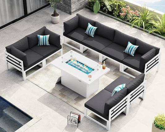 NICESOUL 8 Person Modern Aluminum Outdoor Patio Furniture Set with Fireplace, 29" Wide Deep Seating, Water Resistant L Shaped Sectional Couch, Large Conversation Set for Backyard Terrace, Dark Gray