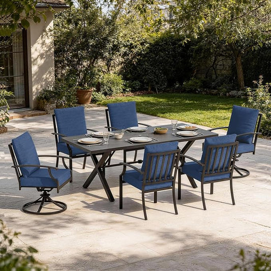7 PCS Outdoor Patio Dining Set,Patio Table and Chairs Metal Outdoor Patio Furniture Set with Umbrella Hole,Dining Table Set with Swivel Chairs for Deck,Backyard and Garden,Navy Blue