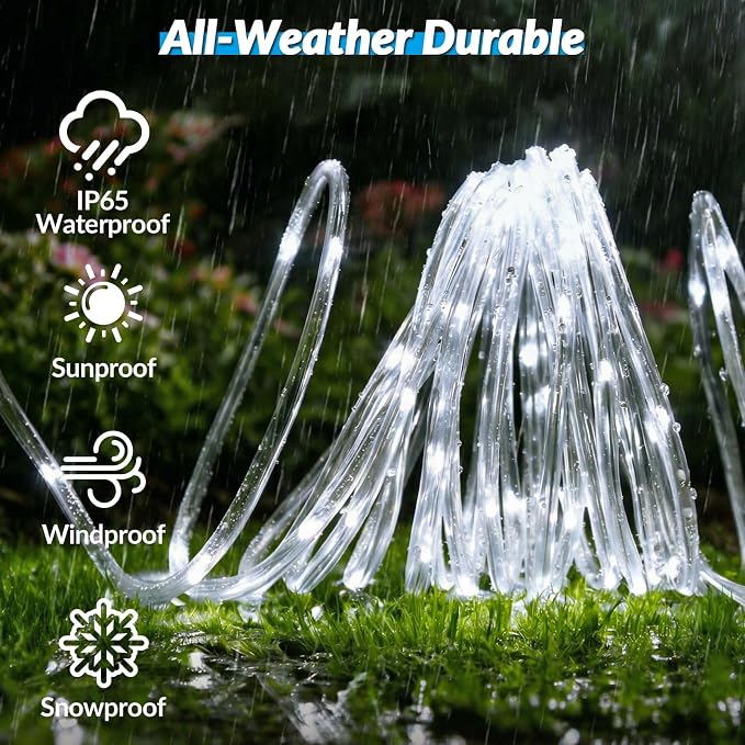Solar Rope Lights, 2 Pack 33FT 100 LED Solar Fairy Lights with 8 Lighting Modes, IP65 Waterproof Strip Light Outdoor for Garden Yard Patio Deck Fence Tree Party Holiday Decoration, Cold White