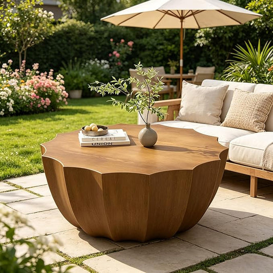 35.43" Round Outdoor Coffee Table, Durable MgO Cement Design – Waterproof for Patio, Garden & Living Room, Stylish & Low-Maintenance (Natural-12-35.43")
