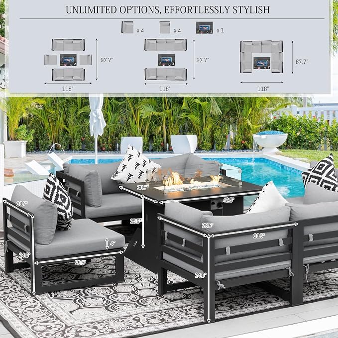 BULEXYARD 9 Piece Oversized Modular Outdoor Furniture Set with Fire Pit Table, 29" Deep Wide Sectional Seating, Heavy Duty Aluminum Frame for 500 lbs, Patio Conversation Set for Poolside, Light Gray