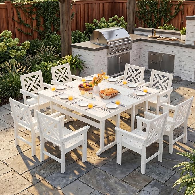 HDPE Outdoor Dining Set,10-Piece Outdoor Table and Chairs Include 8 Dining Chairs and 2 Pcs 62.5" Patio Dining Table with Umbrella Hole (White)